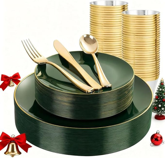 WDF 150Pcs Green Plastic Plates - Green Plates Disposable with Gold Rim - 25Guest Disposable Dinnerware Include 50 Christmas Plastic Plate, 75 Gold Cutlery & 25 9oz Cups for Christmas & Parties
