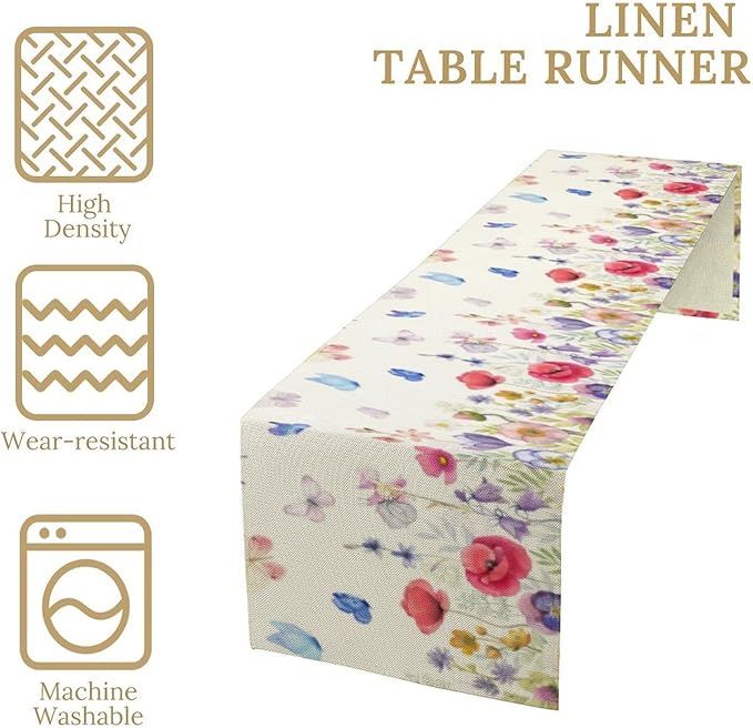 Butterfly Table Runner, Wildflowers Floral Butterfly Table Decoration Seasonal Summer Home Kitchen Dining Table Indoor Outdoor Farmhouse Decor 13x70 Inch