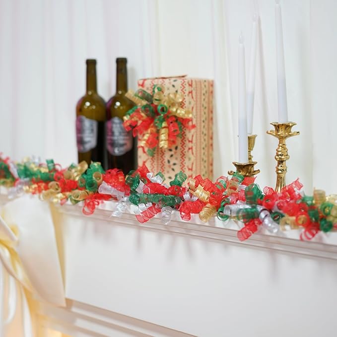12PCS Gold Curly Ribbon Bows Gift Wrapping self-Adhesive Thanksgiving, Christmas, New Year, Birthday, Presents, Treat Bags, Crafts, Wine Bottles Baskets Shower Favors, Wedding Decor (red green silver)