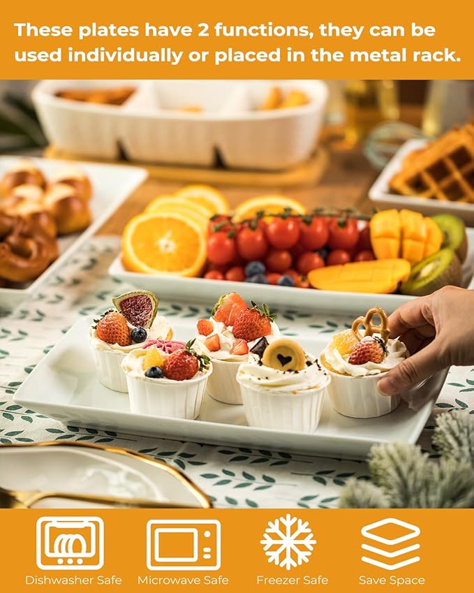 LAUCHUH 3 Tier Serving Stand Porcelain Serving Platter Tier Serving Trays with Collapsible Sturdier Rack, Serving Dishes and Platters for Thanksgiving, Christmas, Entertaining, Gold, 12 Inch