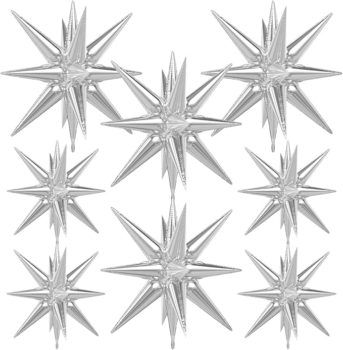 Silver Star Balloons,8Pcs Foil Balloons Explosion Star Balloon One-Piece 14-Pointed Spike Cone Mylar Balloon for New Year Christmas Birthday Wedding Bachelorette Disco Party Decorations