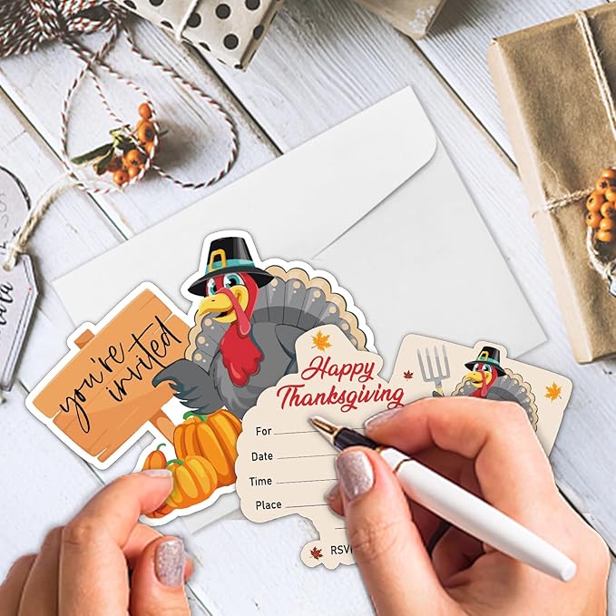 REWIDPARTY 20 Pack Thanksgiving Party Invitation Cards with Envelopes & Stickers, Thanksgiving Turkey Shaped Fill-in Invitations Fall Party Invites Cards Thanksgiving Party Supplies for Kids Adults