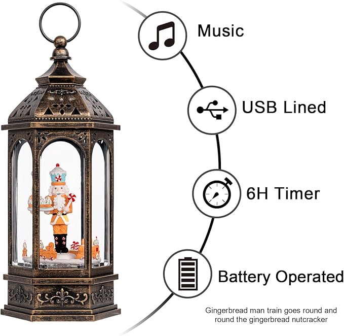 12.8'' Christmas Gingerbread Nutcracker Snow Globe Lantern, Lighted Animated Rotating Train with Musics Swirling Glitter Water Lantern Decoration for Home