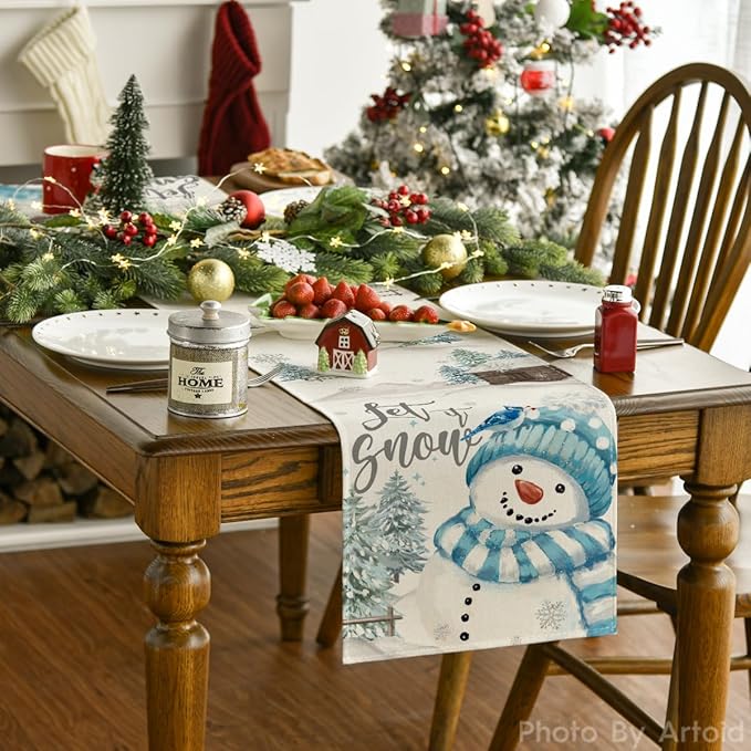 Artoid Mode Xmas Trees Let It Snow Blue Snowman Christmas Table Runner, Seasonal Winter Holiday Kitchen Dining Table Decoration for Home Party Decor 13x120 Inch