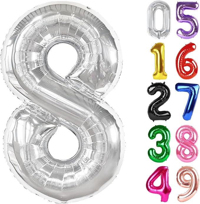 Silver Number 8 Balloon 40 Inch, 8th Birthday Party Decorations for Children, Giant 8 Foil Balloon for Party Supplies