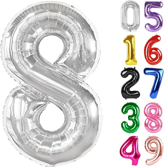 Silver Number 8 Balloon 40 Inch, 8th Birthday Party Decorations for Children, Giant 8 Foil Balloon for Party Supplies