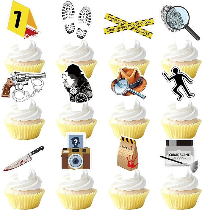 48 PCS Murder Mystery Happy Birthday Cupcake Toppers Detective Theme Party Decorations Crime Scene Cake Decor Cupcak Decorations Cake Decorating Party Supplies Decor for Men Women Boys Girls