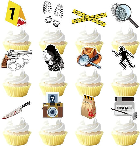 48 PCS Murder Mystery Happy Birthday Cupcake Toppers Detective Theme Party Decorations Crime Scene Cake Decor Cupcak Decorations Cake Decorating Party Supplies Decor for Men Women Boys Girls