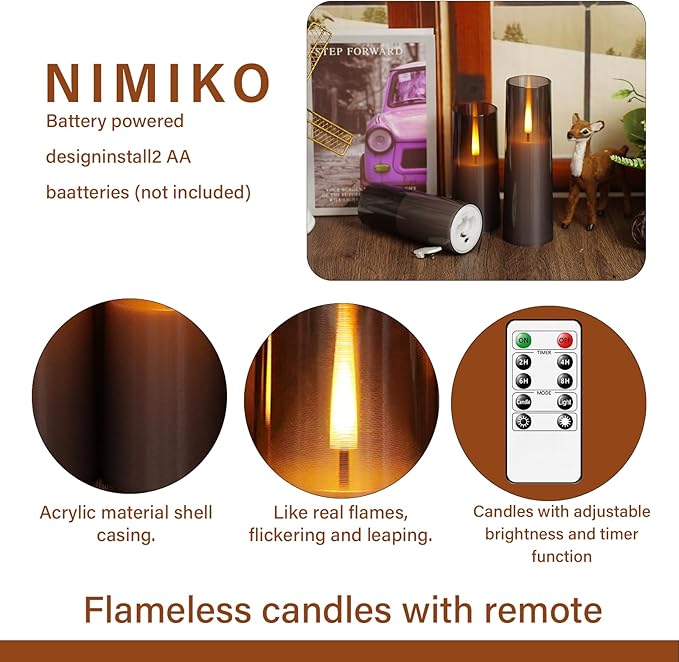 Flickering Flameless Candles 7Pcs Upgraded Realistic Dancing Flame Battery Operated Candles,LED Candles with Remote and Timers,Acrylic Electric Pillar Candles for Festivals Decor(Grey)