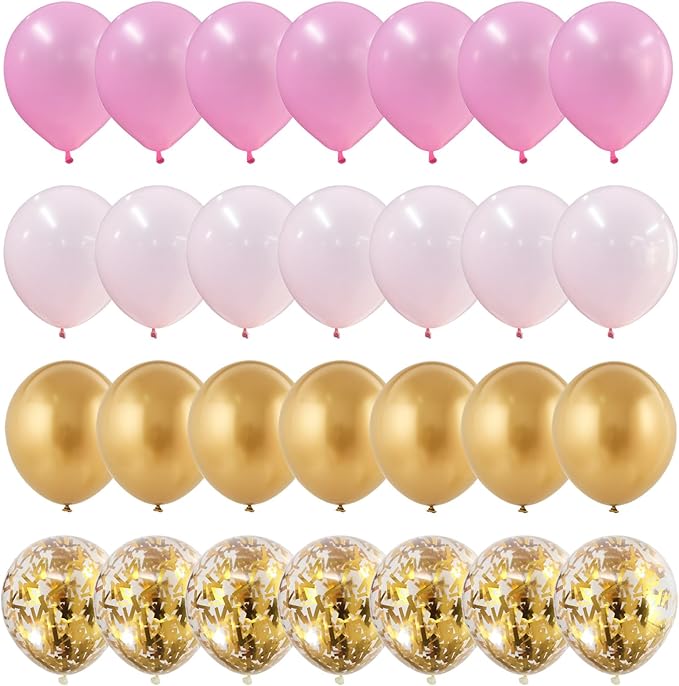 Pink Gold Balloons Set, 12 Inch Matte Pink Pastel Baby Pink Metallic Gold Confetti Latex Balloons for Girls Women, Pink Gold Party Balloons for Birthday Baby Bridal Shower Wedding Party Decorations