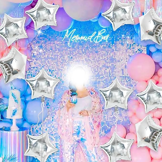 TONIFUL 30Pcs 18 Inch Large Silver Star Shape Foil Balloons Big Silver Stars Helium Mylar Ballons for Birthday Wedding Baby Shower Anniversary Engagement Party Decorations Supplies