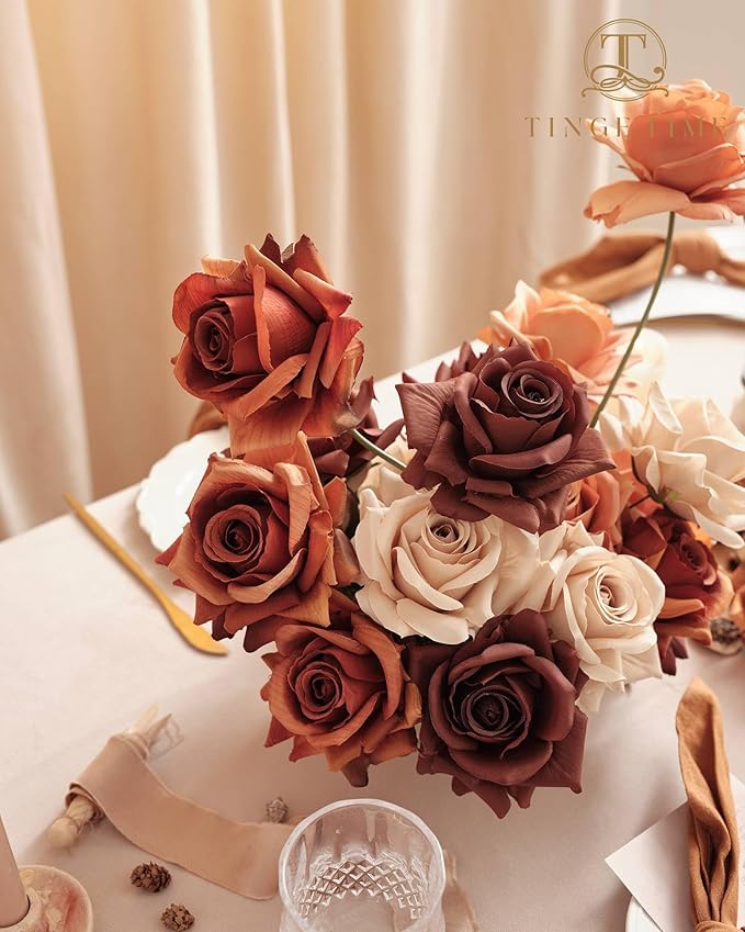 TINGE TIME Artificial Flowers Combo Box Set 16PCS Fake Rose Silk Flower with Stem for DIY Wedding Bouquets Centerpieces Baby Shower Party Home Fall Decoration (Gradient Burnt Orange)