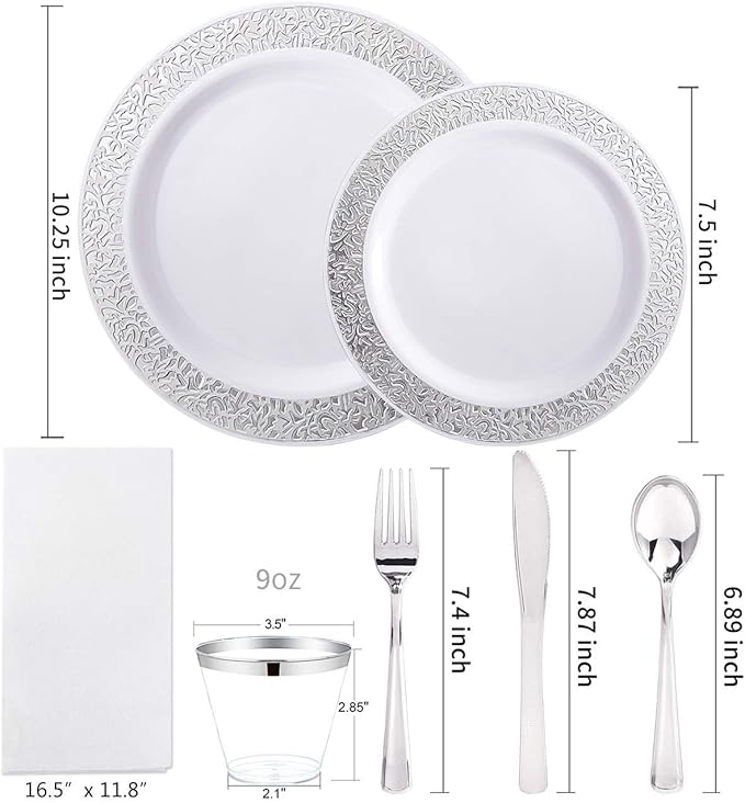 WELLIFE 700 Pieces Silver Disposable Plastic Dinnerware, Includes:100 Dinner Plates, 100 Dessert Plates, 100 Cups, 400 Pre Rolled Napkins with Silver Cutlery