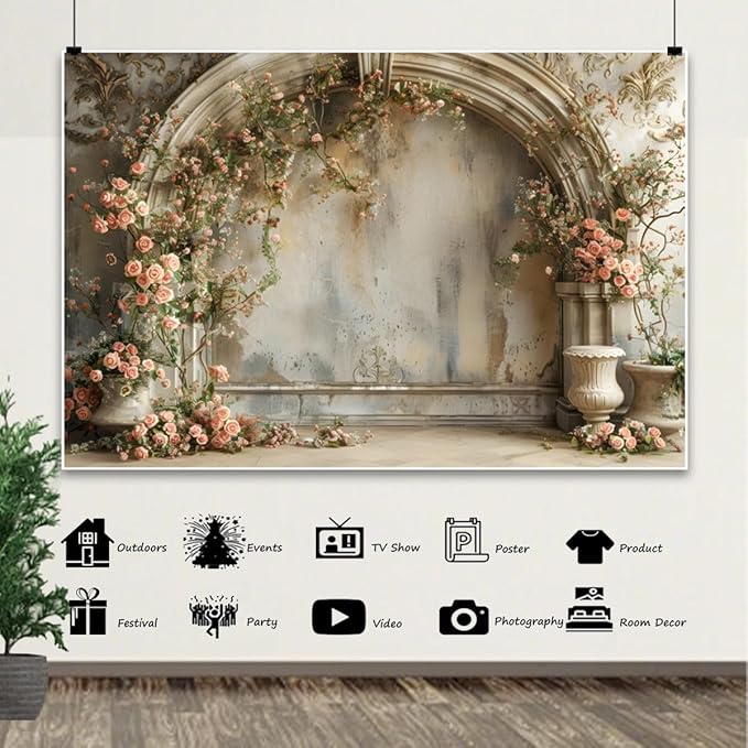 12x6ft Vintage Pink Roses Backdrops for Photoshoot Medieval Building Wall Spring Flower Photography Background for Wedding Bridal Shower Birthday Mothers Day Womens Day Girl Women Portrait