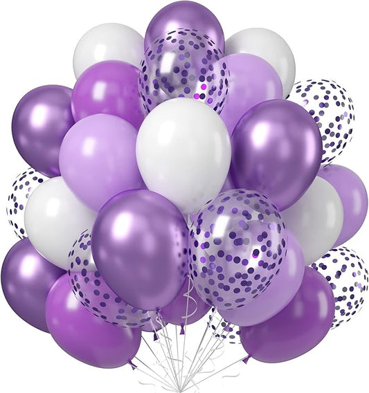 Purple and White Balloons, 12In Light Purple Lavender White Party Balloon with Metallic Purple Confetti Latex Balloons, Lilac Pastel Purple White Helium Balloons for Girls Women Birthday Wedding Decor