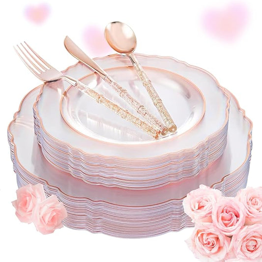 Liacere 150PCS Rose Gold Plastic Plates - Clear Rose Gold Disposable Plates with Glitter Bamboo Handle Cutlery - 60 Baroque Elegant Plates, 30 Forks, 30 Spoons, 30 Knives for Thanksging day&Chrismas