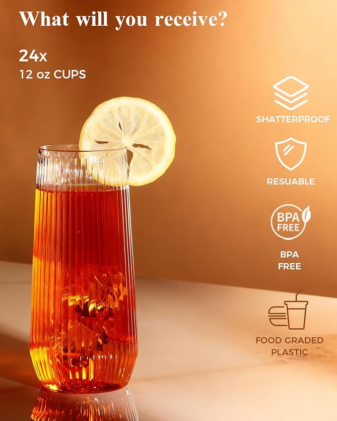 BESTSTAR 48 Pack Disposable Ribbed Origami Ripple Plastic Glasses Set - 24 9 OZ Stemless Champagne Flutes & 24 12OZ Cups, BPA-Free Shatterproof Clear Drinkware for Weddings, Parties & Events (Clear)