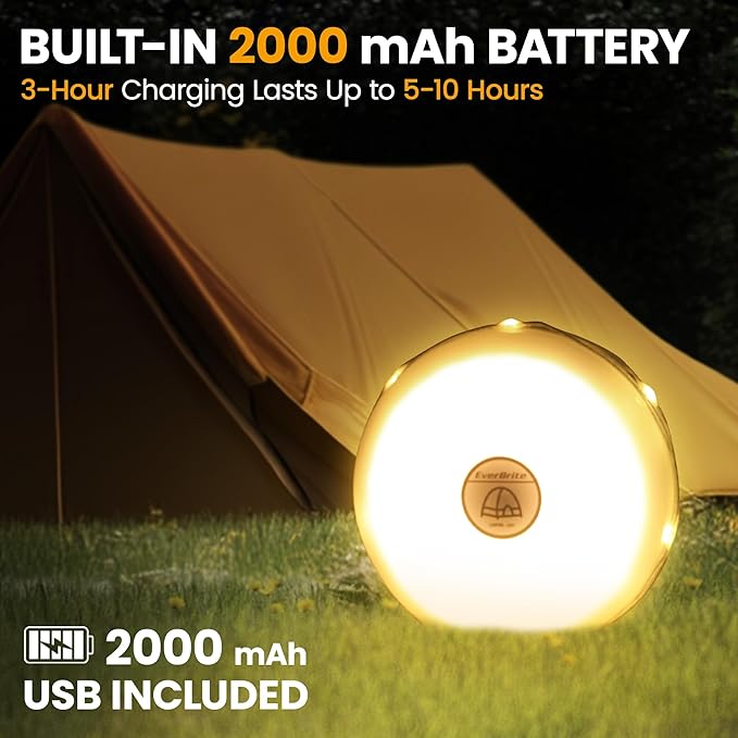 EverBrite Camping String Lights Rechargeable LED Camping Lamp, 29.5FT Outdoor Tent Lights 8 Lighting Modes, USB Charging RGB Modes Hanging Light for Awning Tent/Garden/Party/Christmas Festival Decor