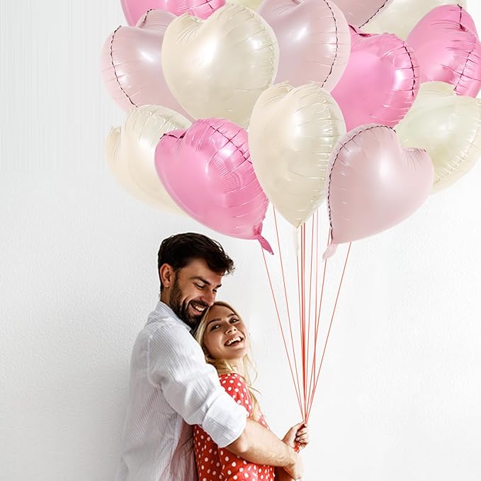 TONIFUL 30Pcs 18 Inch Heart Balloons Pastel Pink Cream White Pink Valentine’s Day Heart Shape Foil Mylar Balloons Decoration for Valentine's Day Wedding Bridal Shower Anniversary Engagement Party