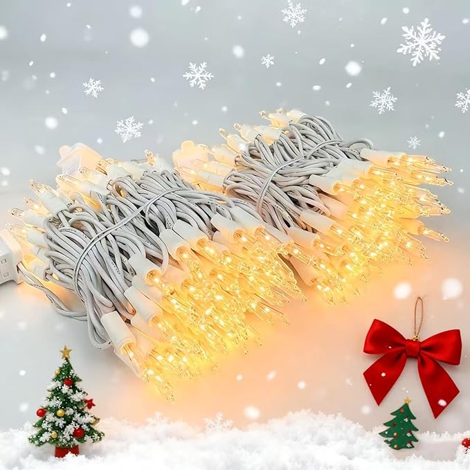 Christmas Lights 100 Counts, Indoor Outdoor,White Wire Connectable of Lighting String Warm White,Decorations for Holiday, Party,Festival,Christmas String Lights (White-Clear)