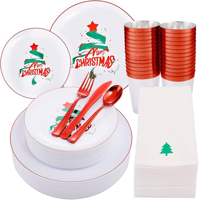 WDF 175pcs Christmas Plates Dinnerware - 25 Guests Unquie Desgin Red Plastic Plates with Green Christmas Tree Pattern, Red Plastic Cutlery, Clear Cups and Napkins