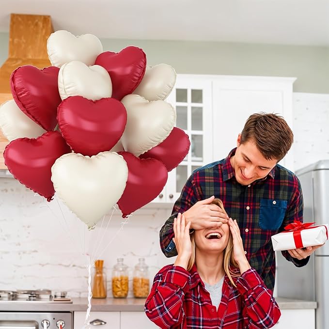 Red White Heart Balloons,12Pcs 18Inch Cream White Metallic Red Heart Shaped Foil Helium Balloons for Birthday Anniversary Wedding Engagement Party Decorations