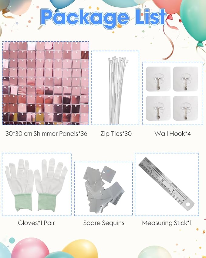 Pink Shimmer Wall Backdrop 36 Panels Cover 6 x 6 Ft, Photo Backdrops for Wedding,Anniversary,Birthday,Party Decoration