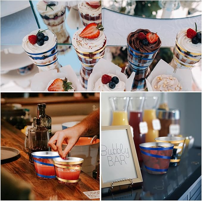 Gejoy 9 oz Rimmed Swirl Plastic Cups Disposable Wine Drinking Cups Clear Elegant Halloween Tumblers for Christmas Party Supplies(Gold, Blue,100 Pcs)