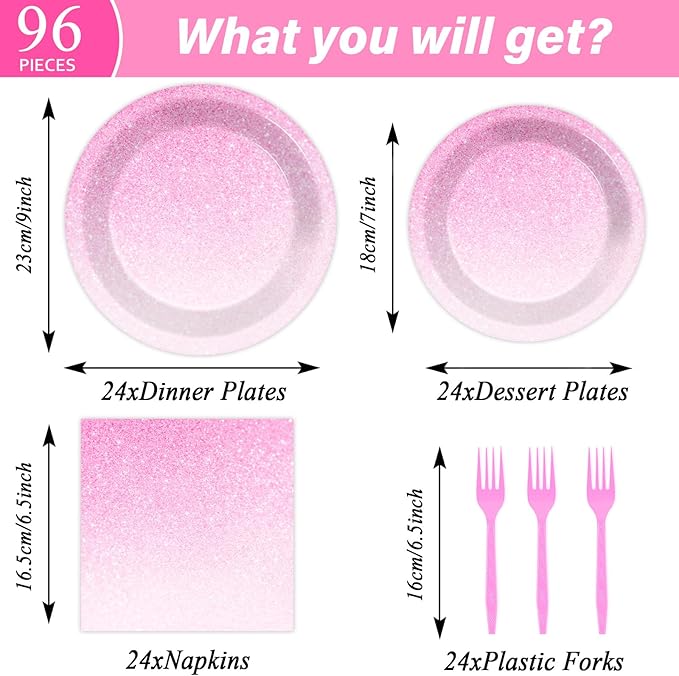 96 Pcs Ombre Pink Party Supplies Set for 24 Guests Gradient Pastel Pink Tableware Plates Dinnerware Table Decorations for Girls Woman Light Pink Sprinkle Wedding Birthday Anniversary Party Favors