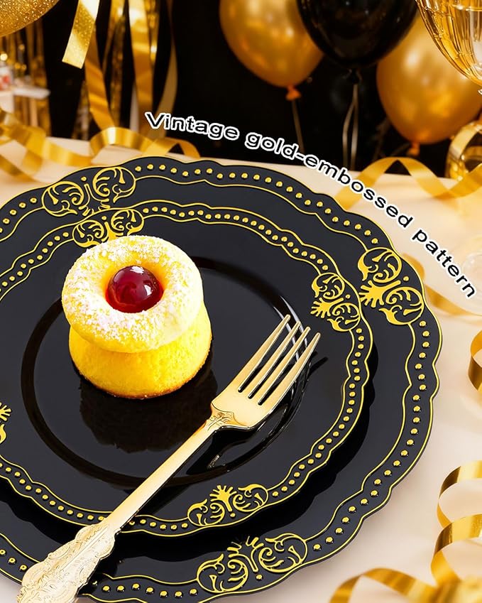 Ciaell 175 PCS Black and Gold Plastic Plates - Black Disposable Dinnerware Set with 50 Plates, 25 Knives, 25 Forks, 25 Spoons, 25 Cups, 25 Napkins for New Year’s Day, Parties and Weddings