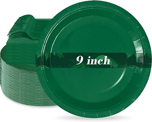 Dark Green Paper Plates 9 Inch Set Disposable Dark Green Birthday Dessert Dinner Plates and Napkins Party Supplies(75 PCS)