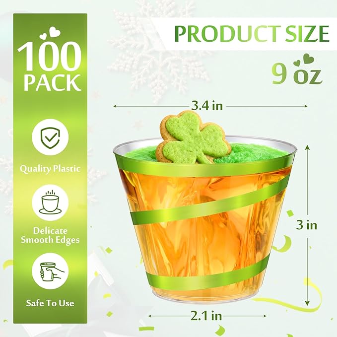 Gejoy 9 oz Rimmed Swirl Plastic Cups Disposable Wine Drinking Cups Clear Elegant Halloween Tumblers for Christmas Party Supplies(Sage Green,100 Pcs)