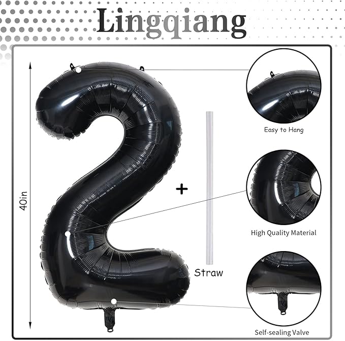 Black Foil Balloon Number 2, 40'' Giant Self Inflating Number Balloons Set 0-9, Large Number 2 Helium Balloon for Girls Boys 2nd Birthday Graduation Anniversary Halloween Party Decorations Supplies