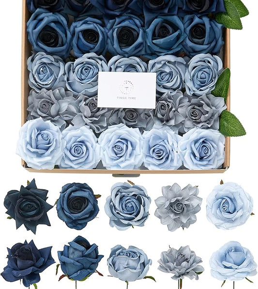 TINGE TIME Artificial Flowers, 25pcs Real Looking Gradient Blue Rose Fake Roses w/Stem for DIY Wedding Bouquets Centerpieces Arrangements Party Baby Shower Home Decorations