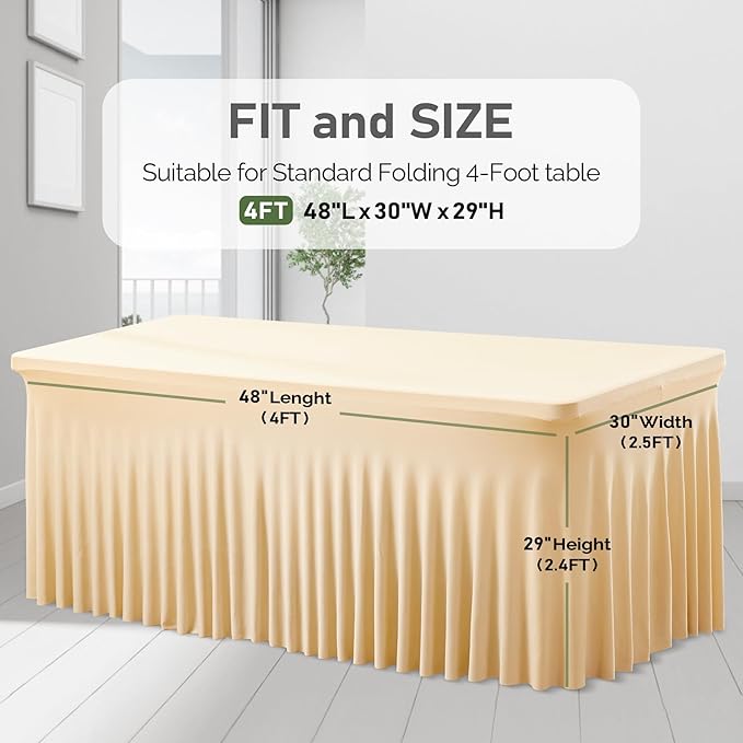 1 Pack Dark Champagne Table Clothes for 4 Foot Rectangle Tables, One-Piece Wrinkle Resistant Stretch Spandex Table Covers with Skirt for Event Banquet Wedding Birthday Party