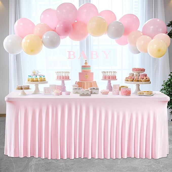 1 Pack Pink Table Clothes for 4 Foot Rectangle Tables, One-Piece Wrinkle Resistant Stretch Spandex Table Covers with Skirt for Event Banquet Wedding Birthday Party