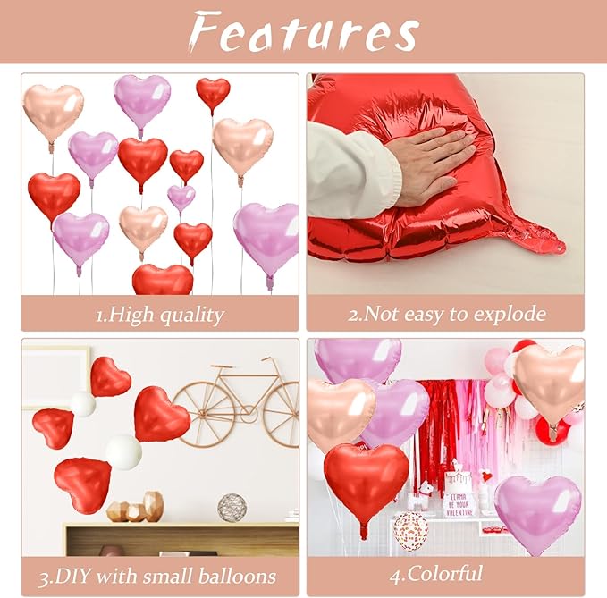 Rose Gold & Pink Heart Balloons - 10 Pcs 18 Inch Foil Heart Shaped Balloons for Girls Women - Red Light - Valentines Day, Birthday, Wedding, Baby Shower, Bridal Party Decorations