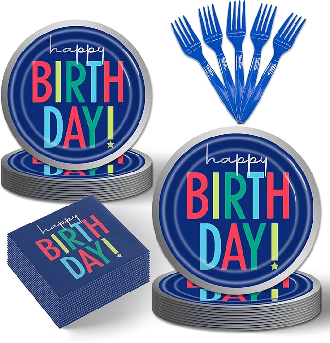 96Pcs Dark Blue Party Decorations Tableware Set Plates Napkins Forks Serves 24 Guests Multicolor Happy Birthday Party Decorations