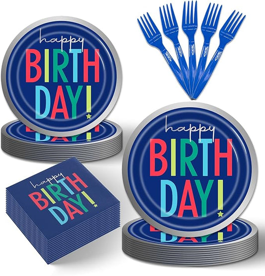 96Pcs Dark Blue Party Decorations Tableware Set Plates Napkins Forks Serves 24 Guests Multicolor Happy Birthday Party Decorations