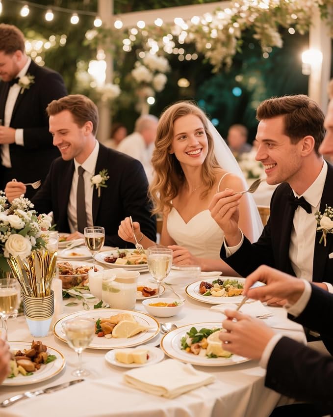 GATHER 700PCS Gold Plastic Plates - Whtie and Gold Disposable Dinnerware Sets 100Guest - 200 Disposable Plate, 300 Plastic Silverware, 100 Cups, 100 Napkins for Wedding & Party & Christmas