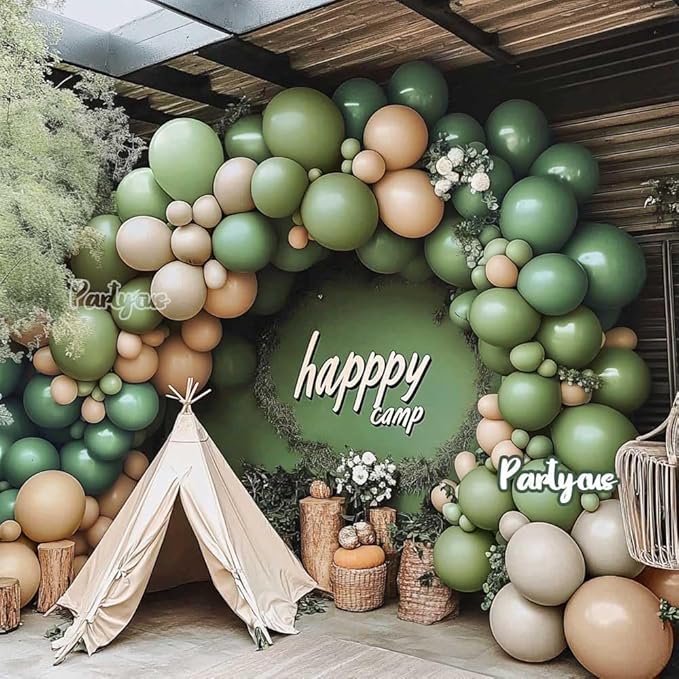 Sage Green Brown Balloon Arch Kit Double Stuffed Dusty Olive Green Tan White Sand Apricot Latex Balloon Garland for Neutral Baby Shower Safari Dinosaur Birthday Fall Party Decoration