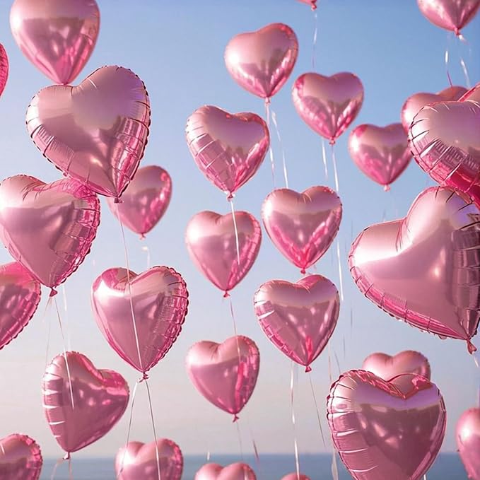 Pink Heart Balloons, 19PCS Pink Heart Shape Balloons, 18Inch with 10Inch Pink Helium Foil Heart Balloon Love Balloon for Girls Birthday Marriage Wedding Engagement Party Anniversary Decoration