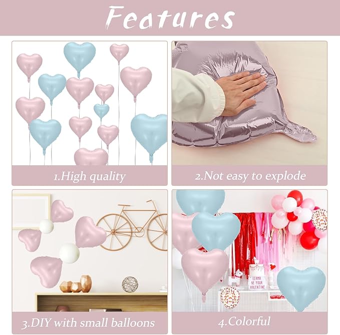Pink Blue Heart Balloons, 18 Inch Pastel Blue Pink Foil Balloons, 18 Inch Light Pink and Blue Heart Shape Balloon for Girls Boys Birthday Baby Shower Gender Reveal Party Decorations