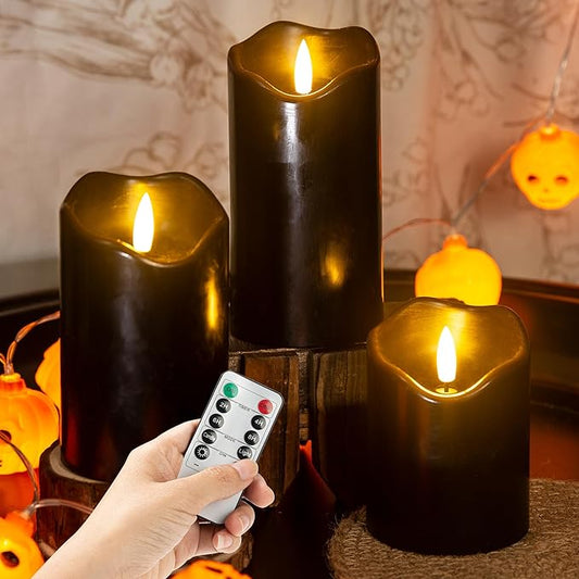 Halloween Flameless Candles with Remote, 3 Pack Battery Operated Wax LED Flickering Candles Halloween Home Party Decor for Fireplace/Shelf/Centerpiece Black
