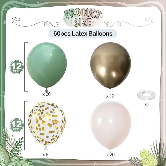 Sage Green Gold Balloons, 60 Pcs 12 Inch Olive Green White Balloons with Metallic Gold Confetti Balloon for Birthday Wedding Baby Shower Bridal Shower Engagement Anniversaries Party Decorations
