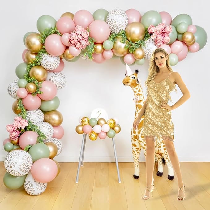 Pink and Green Balloons Retro Sage Green Pink Metallic Gold Confetti Balloons Olive Green Gold Pink Beige Latex Balloon for Easter Jungle Safari Christmas Woodland Birthday Party Decorations
