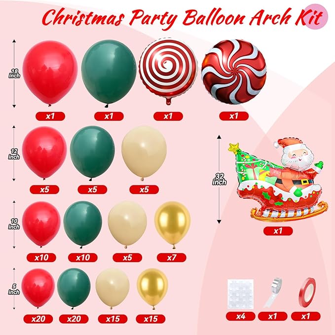 Christmas Balloon Arch Kit, Red Green Nude Metallic Gold Balloons with Santa Candy Lollipop Foil Balloons for Christmas Party Decorations Xmas Eve New Year Holiday Party Supplies