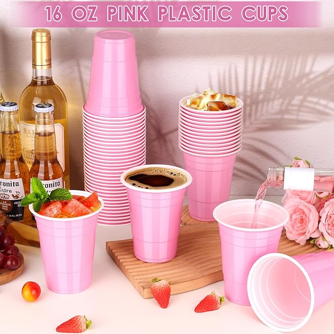 Dualshine 100 Pack 16 oz Pink Plastic Cups, Disposable Plastic Party Cups, Heavy Duty Drinking Water Cup for Wedding Birthday Graduation Valentine's Day Christmas Baby Shower Picnic Barbecues Supplies