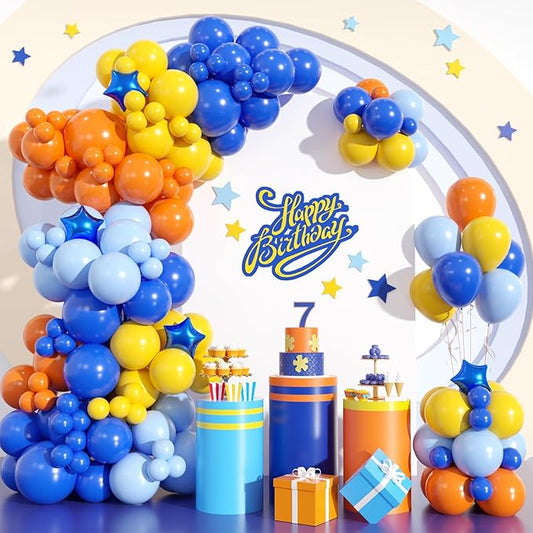 Navy Blue and Orange Garland Arch Kit, Orange and Yellow Balloons Light Baby Royal Blue with Foil Star Balloon for Kids Boys Baby Shower Birthday Graduation Gun Theme Party Decorations Supplies