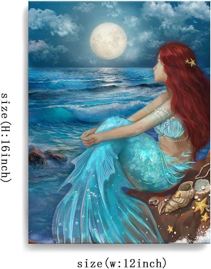 Girl Wall Decorations Blue Ocean Wall Art Bedroom Decor for Women Moon Night Wall Painting Shell Canvas Prints Size 12"x 16"